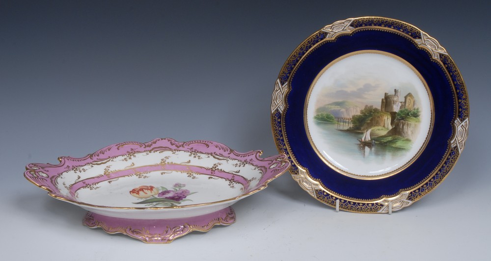 An English porcelain shaped oval two handled pedestal dish,