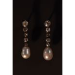 A pair of diamond and pearl drop earrings,