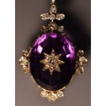 A diamond and amethyst pendant, central oval faceted amethyst approx 18.