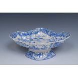 A Spode Gothic Castle pattern shaped oval pedestal stand, printed in tones of blue with castle,