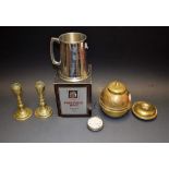 A silver pocket watch; a travelling candlesticks set; pewter tankard;