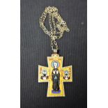 An enamelled sterling silver eastern orthodox pectoral cross pendant necklace,