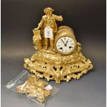 A late 19th century French spelter mantel clock, mounted with a gentleman harvesting grapes,