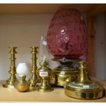 A large brass Helios paraffin lamp later converted to electricity; others, nursery lamp,