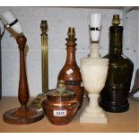 Lighting - a white alabaster urn shaped table lamp; a brass columnar table lamp; others, oak,