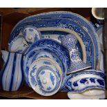 A Victorian rounded rectangular Willow pattern transfer printed blue and white meat plate;