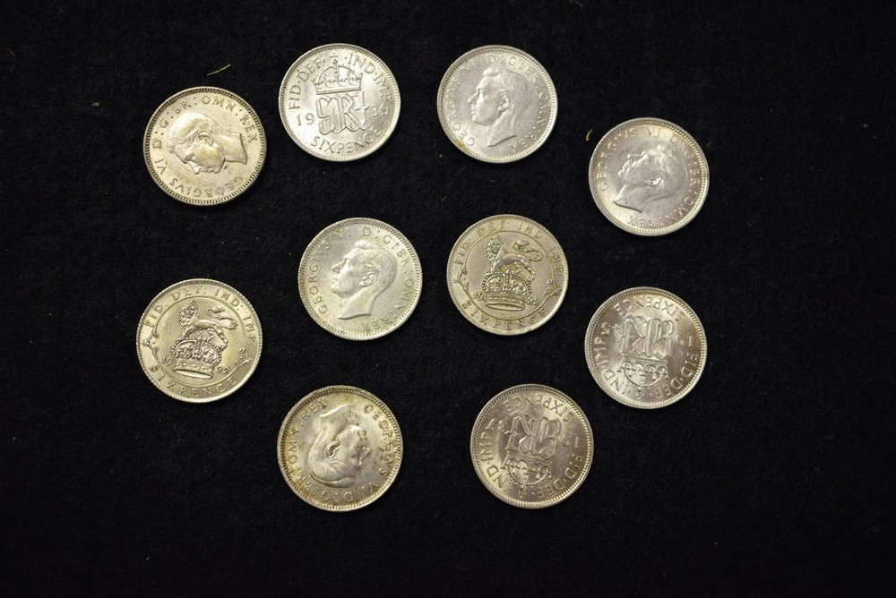 Coins, UK sixpences: 1922 GEF & another A/unc, 1937 A/unc, 1939 A/unc, 1939 GEF & another,