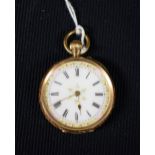 A continental 14k gold ladys open face fob watch, white enamel dial,