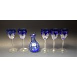 Glass - a set of five blue flashed hock glasses;