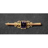 A Blue John fluorite bar brooch, rectangular Blue John cabochon, between scrolling sides,