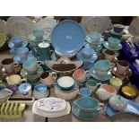 Poole Pottery - a two-tone coffee pot, cups, saucer, tea plates, sauce boat, sugar bowls,