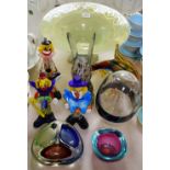 A Murano glass rabbit, other clowns, dolphin, a large glass table centre,