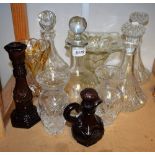 Glassware - a cut crystal decanter; another similar; a pair of decanters; a pair of cut glass vases;