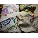 Textiles - hand embroidered linen tablecloths, English Country Garden Flowers,