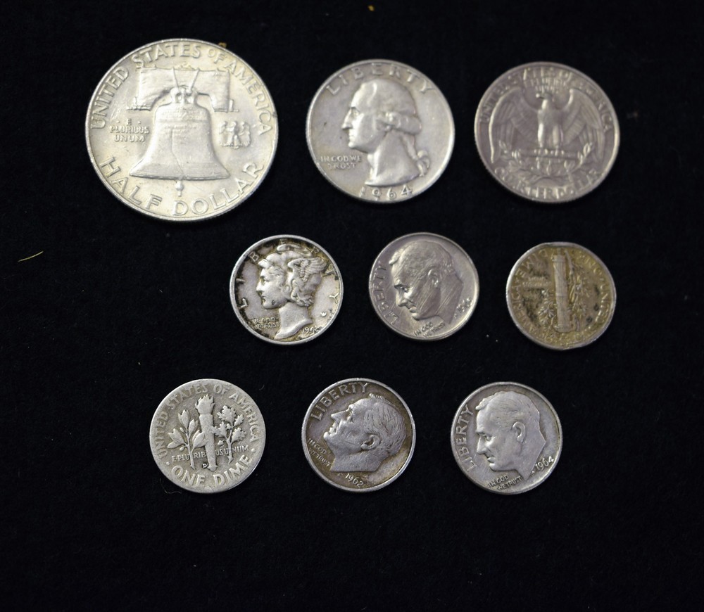 US Coins, 20th century: Half dollar Franklin 1954 EF, quarter Washington 1964 AEF, 1968 AEF,