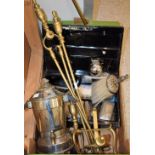A set of three Regency style brass fire irons with dogs; a metal box and cover; cigarette cases;