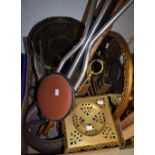 Boxes and Objects - a brass pedestal trivet; brass candlesticks; a copper planter;