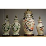 A Mason's large Imari palette two handled octagonal baluster table lamp, wooden plinth base,