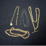 A quantity of 9ct gold chains to include Albert chain, curb chains, etc.; total weight approx.