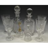 Glassware - a cut glass decanter, another; a Minton commemorative glass goblet,