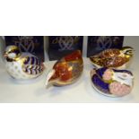 A Royal Crown Derby paperweight, Partridge, boxed, gold stopper; Redlegged Partridge, boxed,