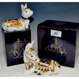 A Royal Crown Derby paperweight, Thistle, Donkey, boxed, gold stopper; Holly, Donkey Foal,