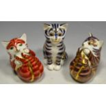 A Royal Crown Derby paperweight, Seated Tabby Kitten, gold stopper; Playful Kitten,