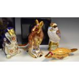A Royal Crown Derby paperweight, Australian Collection, Kangaroo, boxed, gold stopper; a Kookabura,