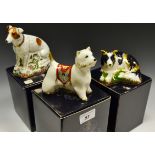 A Royal Crown Derby paperweight, Border Collie, boxed, gold stopper; Jack Russell, boxed,