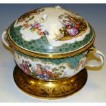 A Continental porcelain twin handled inkwell, domed cover, stepped brass base,