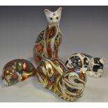 A Royal Crown Derby paperweight, Siamese Cat, gold stopper; Catnip Kitten, gold stopper; Misty,