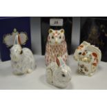 A Royal Crown Derby paperweight, Snowy Rabbit, boxed, gold stopper; Squirrel, boxed,