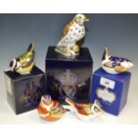 A Royal Crown Derby paperweight, Song Thrush, boxed, gold stopper; Chaffinch, boxed,