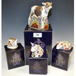 A Royal Crown Derby paperweight, Bluebell Calf boxed, gold stopper; Sitting Piglet, boxed ,