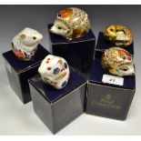 A Royal Crown Derby paperweight, Hawthorne Hedgehog, boxed, gold stopper; Sleeping Dormouse, boxed,