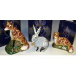 A Royal Crown Derby paperweight, Fox Mother, boxed, gold stopper; Fox Cub, boxed,