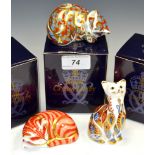 A Royal Crown Derby paperweight, Sleeping Kitten, Ginger, boxed, gold stopper; Catnip Kitten, boxed,