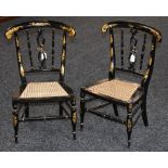 A pair of early Victorian Japanned children's chairs, C-scroll cresting rails,