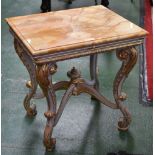 A Louis XVI style occasional table, square marble top, acanthus carved gilded cabriole legs,