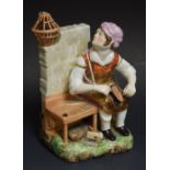 A Derby Sampson Hancock figure, The Cobbler, seated working with tools of his trade,