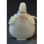 A Chinese jade flattened ovoid snuff bottle, pierced scroll handle, stopper, 5.