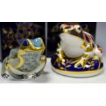 A Royal Crown Derby paperweight Imari Frog, weighted, gold stopper, boxed; a Fountain Frog, boxed,