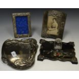 Ephemera - a paper mache ink well and pen tray; a WMF style dressing table tray;