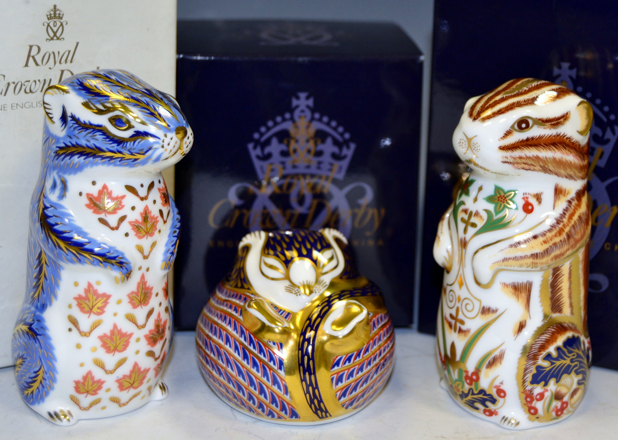 A Royal Crown Derby paperweight, Chester Chipmunk, boxed, gold stopper, certificate; Mouse, boxed,