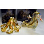 A Royal Crown Derby paperweight, Coral Seahorse, boxed, gold stopper; Limited Edition Octopus,