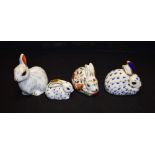 A Royal Crown Derby paperweight, Snowy Rabbit, gold stopper, certificate, boxed; another,