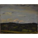 A H Van Gruis Landscape from a Hilltop label to verso, oil on canvas, 35cm x 45.