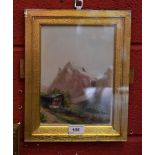 A continental porcelain plaque, painted with an Alpine cottage and mountain, monogrammed MEC,