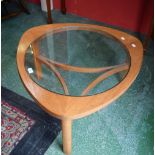A retro 1960's/70's rounded triangular glass and teak coffee table
