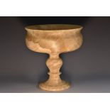 A 19th century alabaster pedestal table centre bowl, everted rim, turned column, domed base,